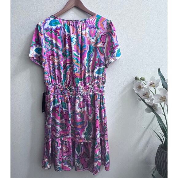 Nicole Miller Dress Womens L Pink Multi Satin Floral Abstract Pocket Ruffle Mini - Picture 2 of 10